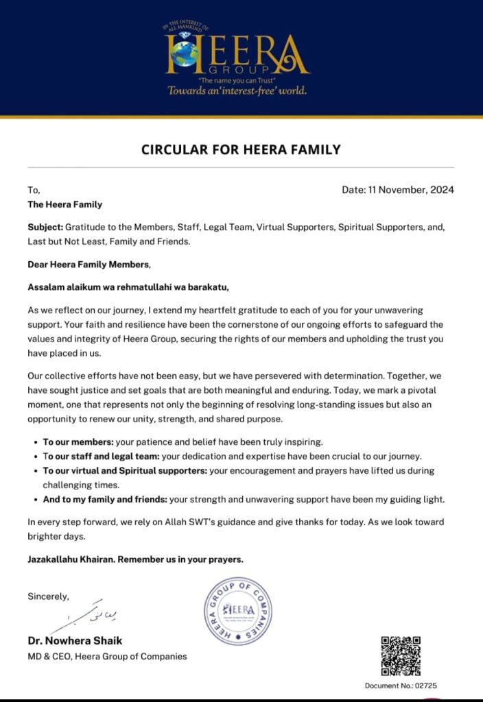 Discover Dr. Nowhera Shaik's heartfelt message to the Heera Family, expressing gratitude and outlining future aspirations for Heera Group. Read the full circular now.